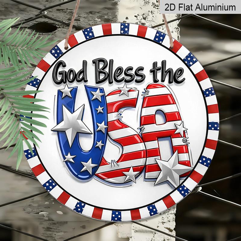 2D Flat, A Round Sign Featuring a Vintage Plaque with The Phrase 'God Bless The USA', Perfect for Patriotic Decor In Living Rooms, Bedrooms