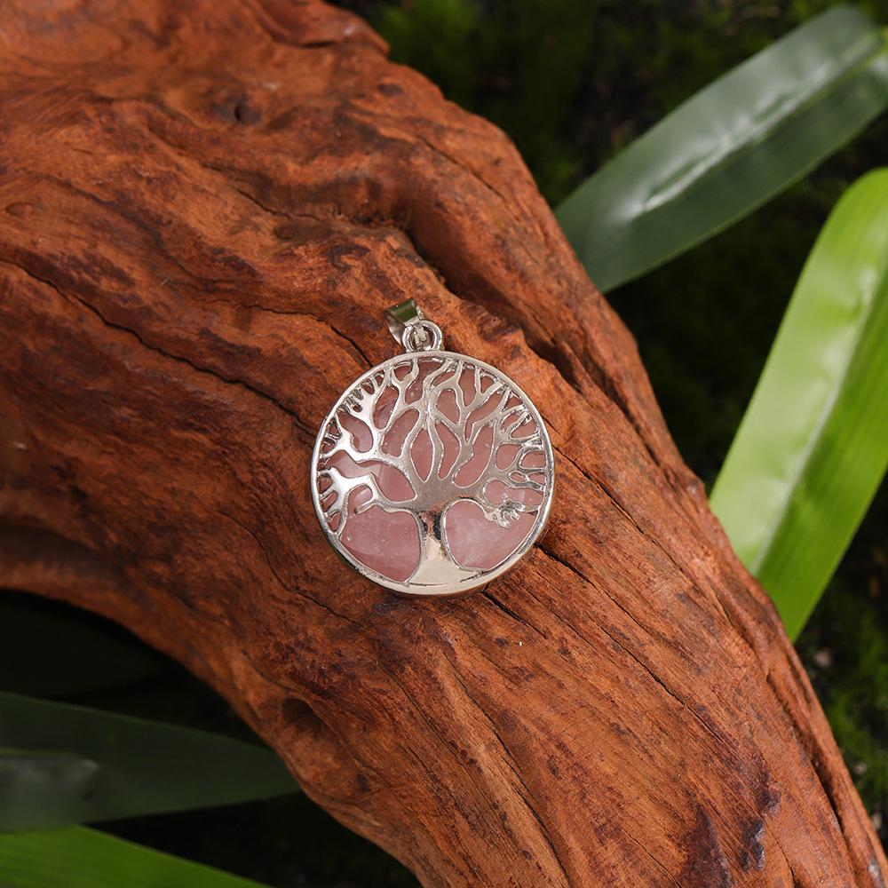 Cross Hollow Life Tree Pendant: Natural Crystal Agate Money Tree Necklace, Natural Stone Round Wishing Tree Pendant.