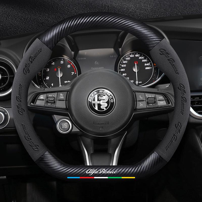Carbon Fiber & Alcantara Leather Steering Wheel Cover for Alfa Romeo Stelvio, Stanway, Giulia, Juliet