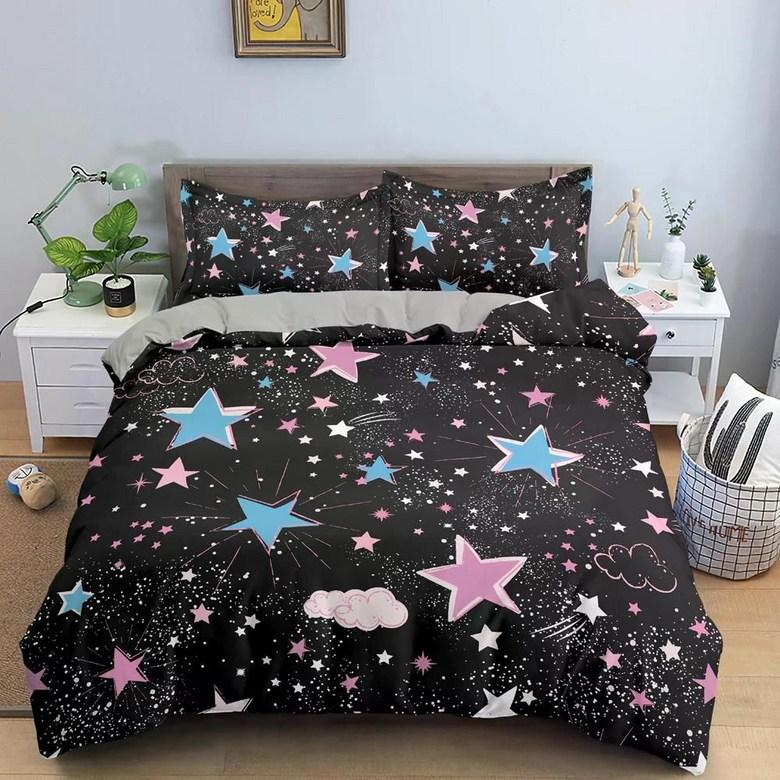 Kawaii Glitter Stars Duvet Cover Twin Queen Psychedelic Space Cosmos Starry Sky Comforter Cover Colorful Star Galaxy Bedding Set