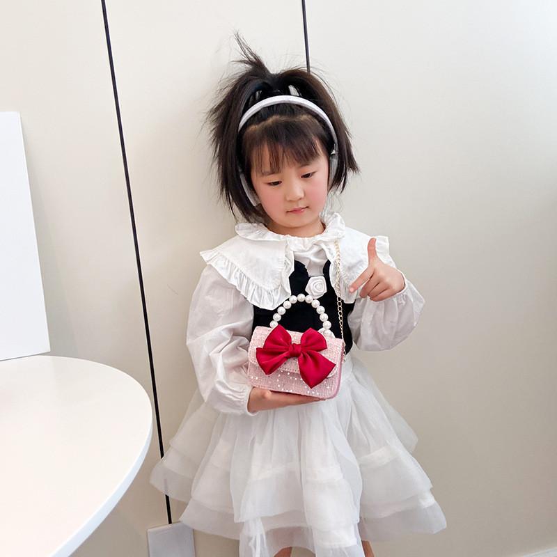 Pu Bow Girl Crossbody Bag Wallet Cute Children Shoulder Bag With Pearl Handheld