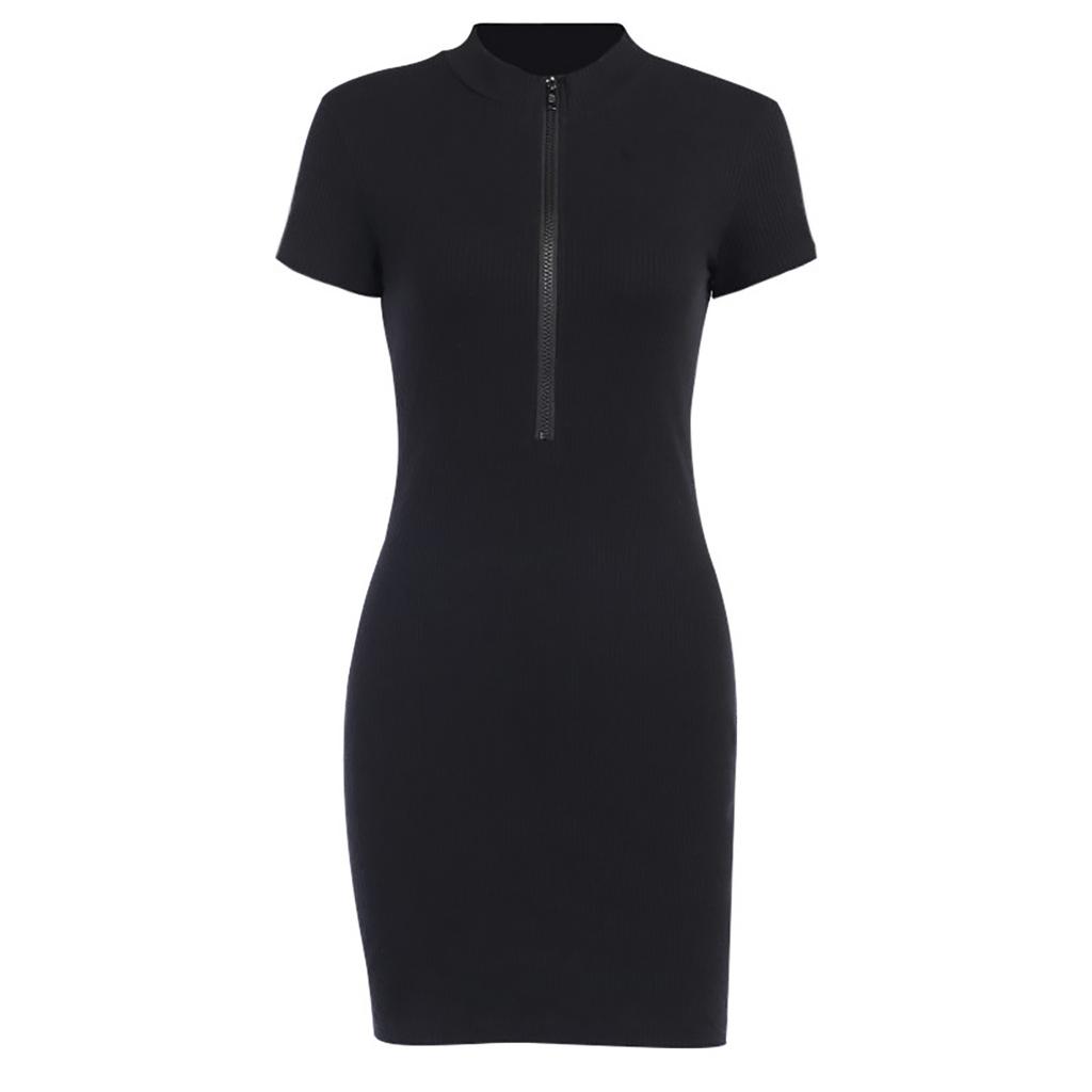 Women Fashion Summer Sexy Solid Color Zipper V-Neck Short Sleeve Mini Dress Summer Dress
