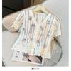 Retro 3D Flower Puff Sleeve Cropped Knit Top - Women's Summer V-Neck Shirt