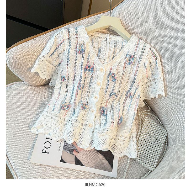 Retro 3D Flower Puff Sleeve Cropped Knit Top - Women's Summer V-Neck Shirt