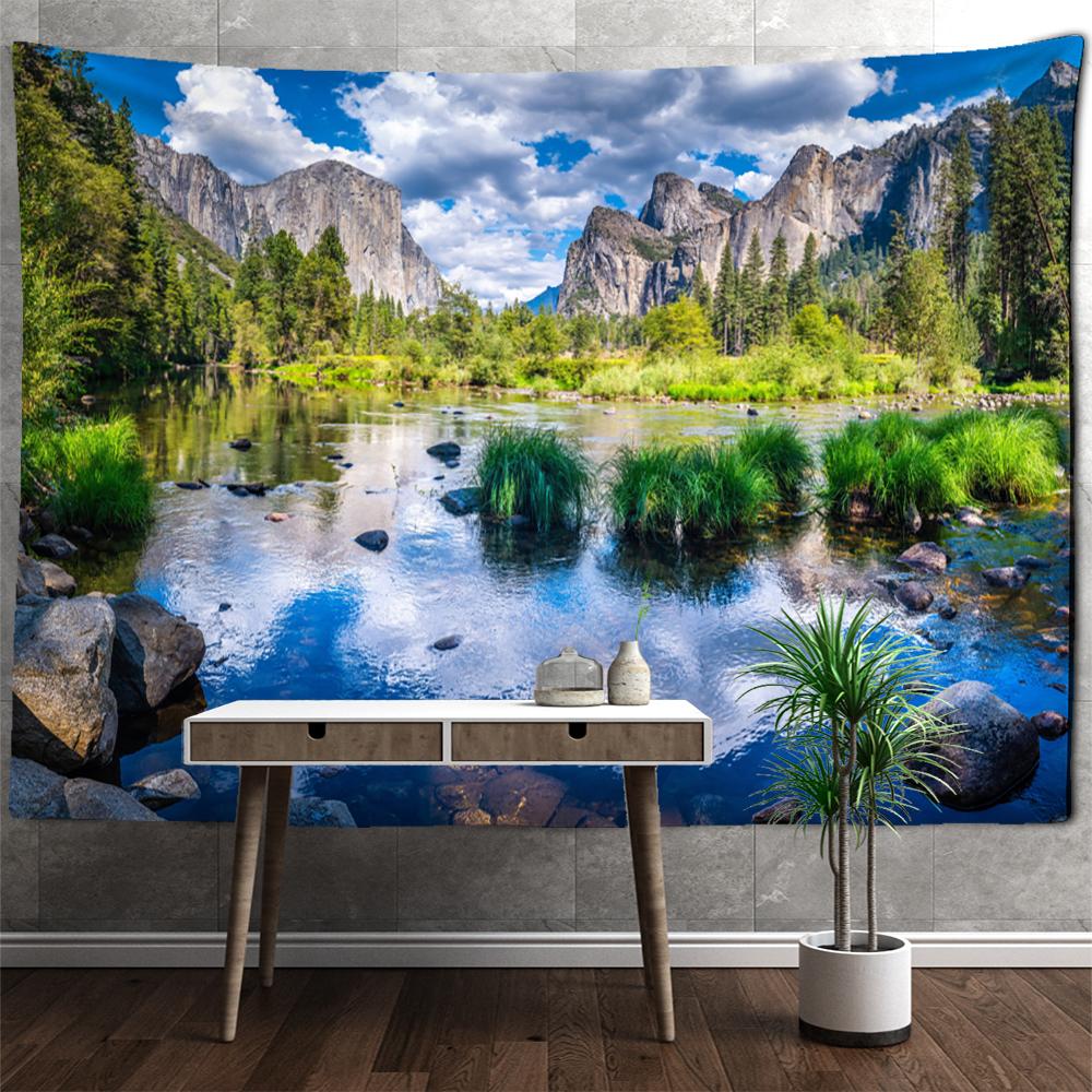 Tapiz de pared con vista a la montaña y al río, paisaje natural, bohemio, hippie, decoración de pared para dormitorio y sala de estar