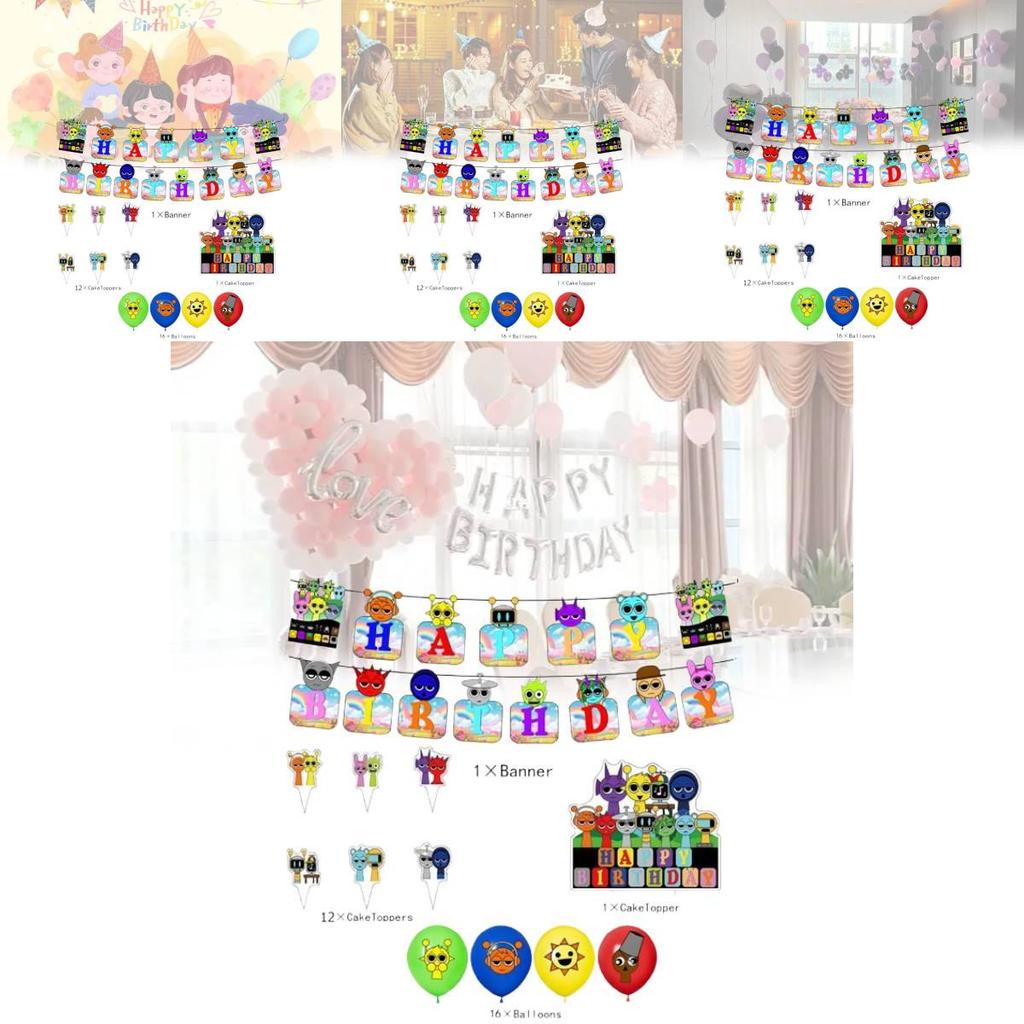 Set de Decoración Festiva de Cumpleaños Incredibox Sprunki con Globos y Pancartas Coloridas