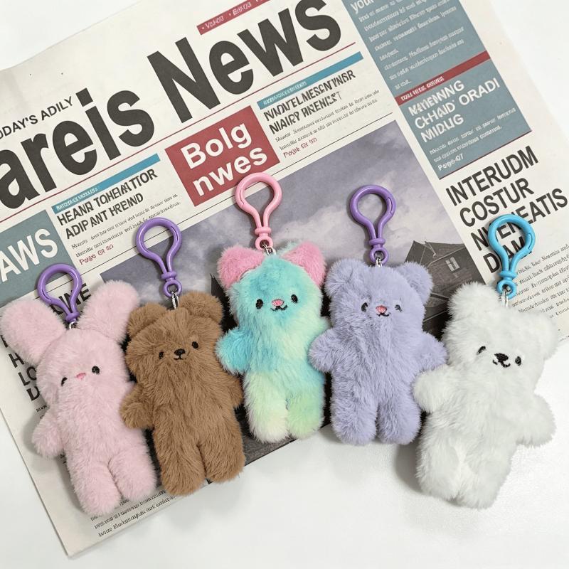 Cute Fluffy Bear Bunny Plush Keychain Soft Cartoon Animal Doll Pendant for Backpack Handbag Decor Kids Birthday Gift