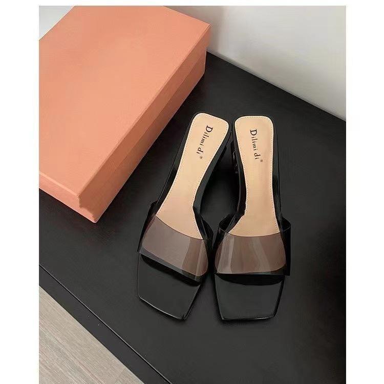 Transparent crystal slippers women's outer wear 2025 summer new thick high-heeled square-toed cool slippers women's summer outer wear summer