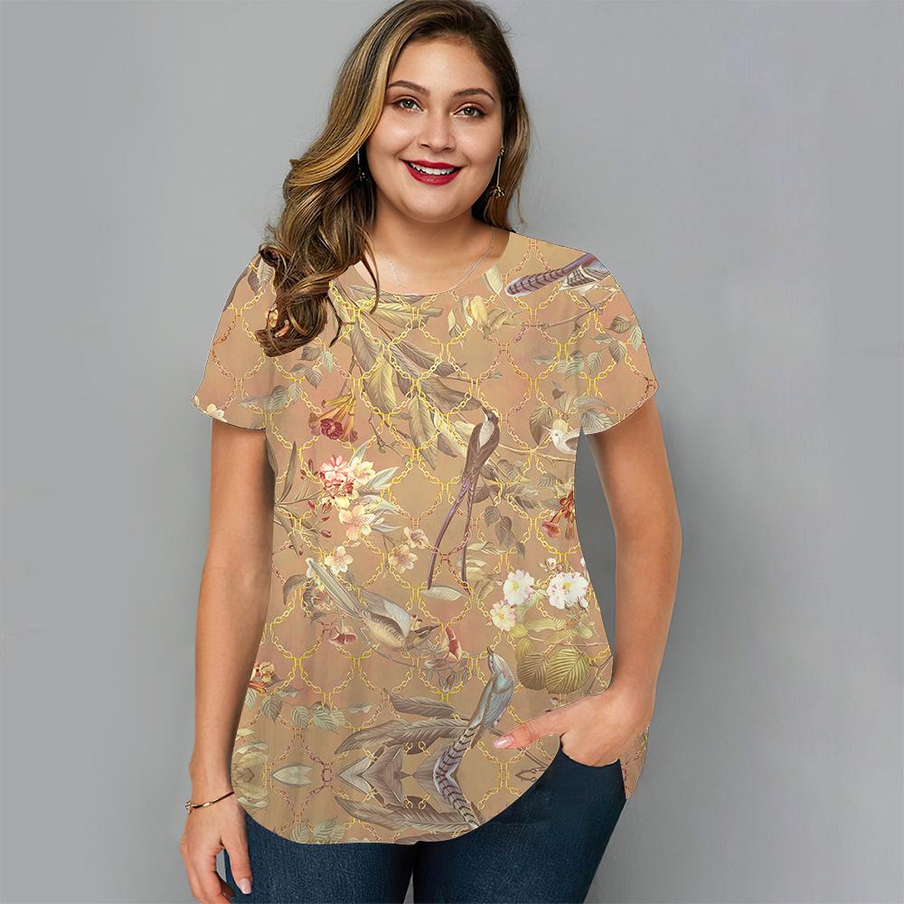 Summer Round Neck Floral Graphic 3D Print Top Fashionable Casual Short Sleeved Plus Size Women's T-shirts