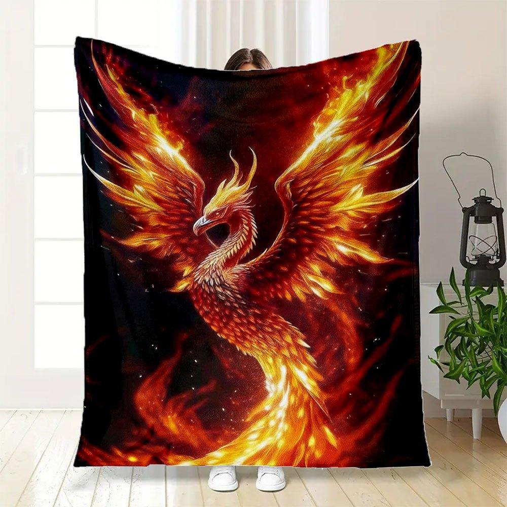 "Phoenix Rising: Fiery Fantasy Art Print - Mythical Bird Decor"Blanket Flannel Throw Blanket for Sofa, Bed, Travel, Camping, Office, Couch,