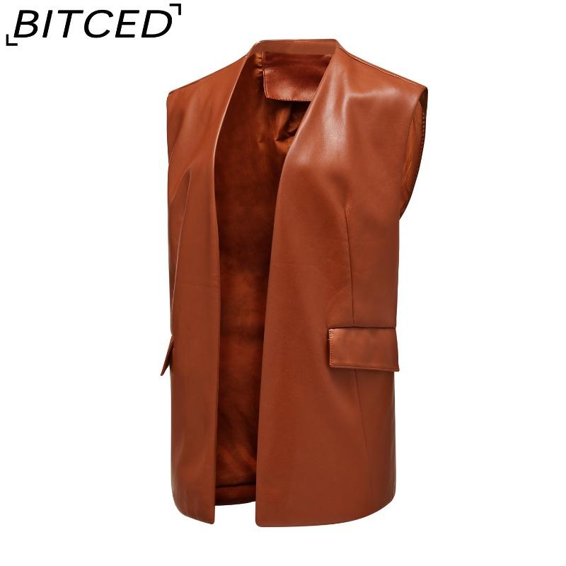BITCED Sleeveless PU Leather Waistcoat Loose Fit Plus Size Women's Vest Cardigan Short Jacket