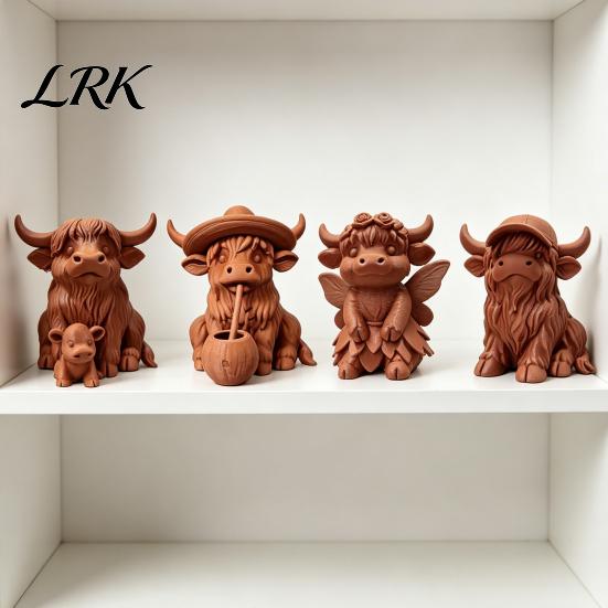 Cute Animal Figurine Rustic Highland Cow Ornament, Terracotta Color 3D Printed Statue, Desktop Decoration for Home Desk Shelf Farmhouse Decor