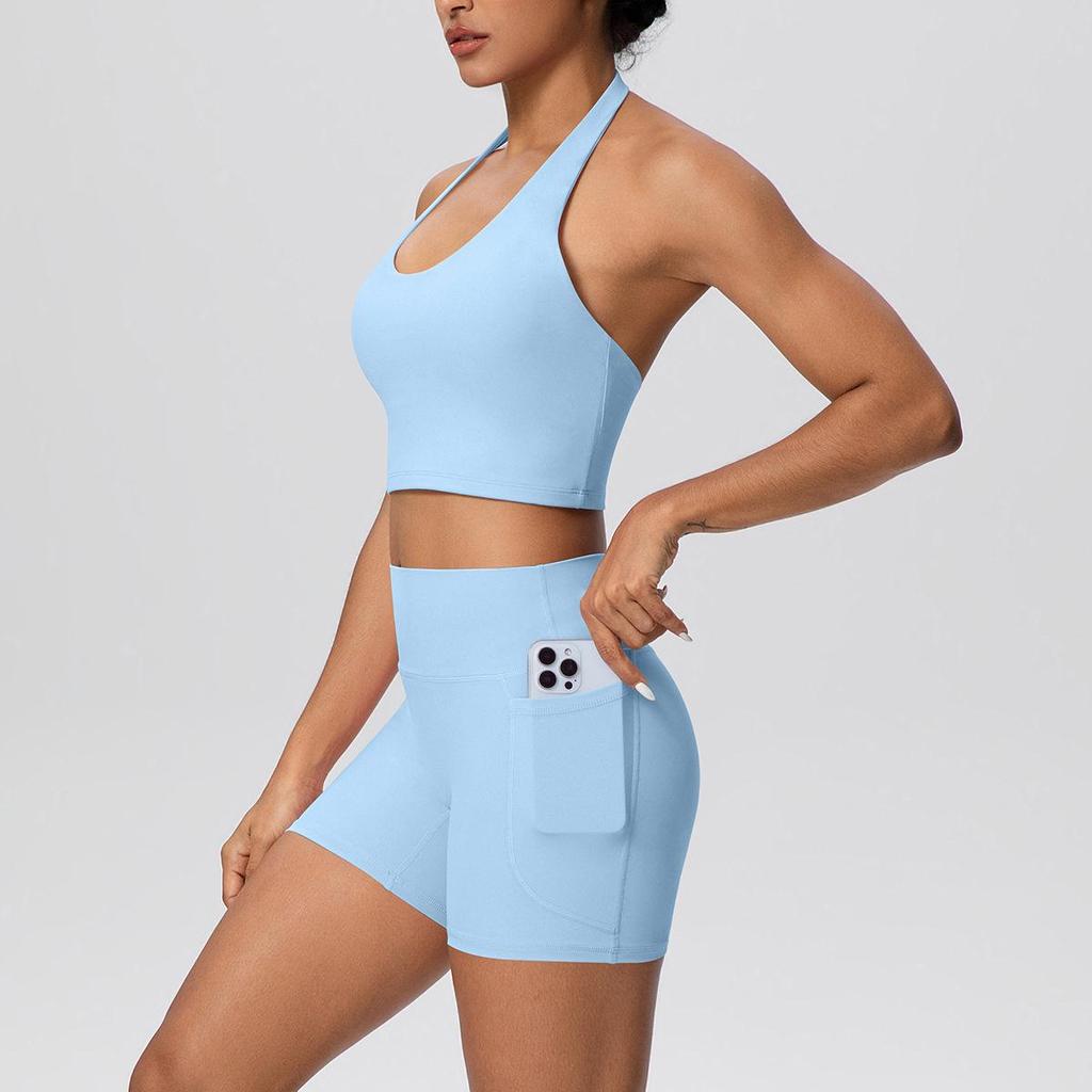 Cross-Border Halter Sports Vest & High-Waist Pocket Yoga Shorts Set