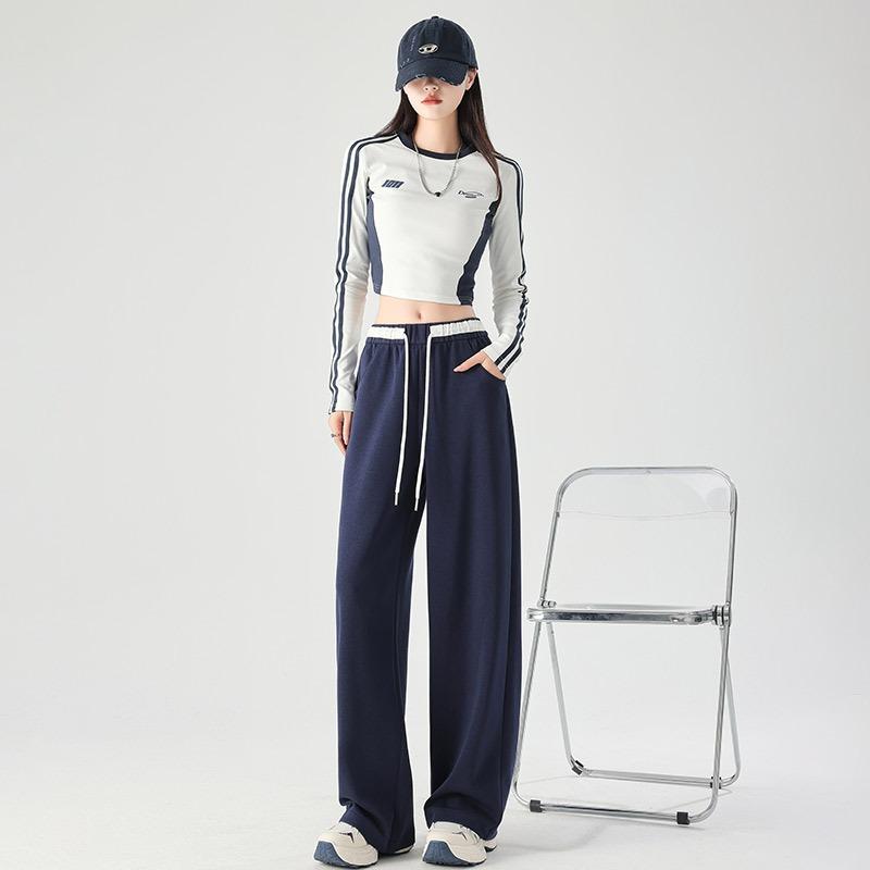 Contrasting sports sweatpants women's autumn and winter new high-waisted loose and thin drape casual pants versatile straight mopping pants
