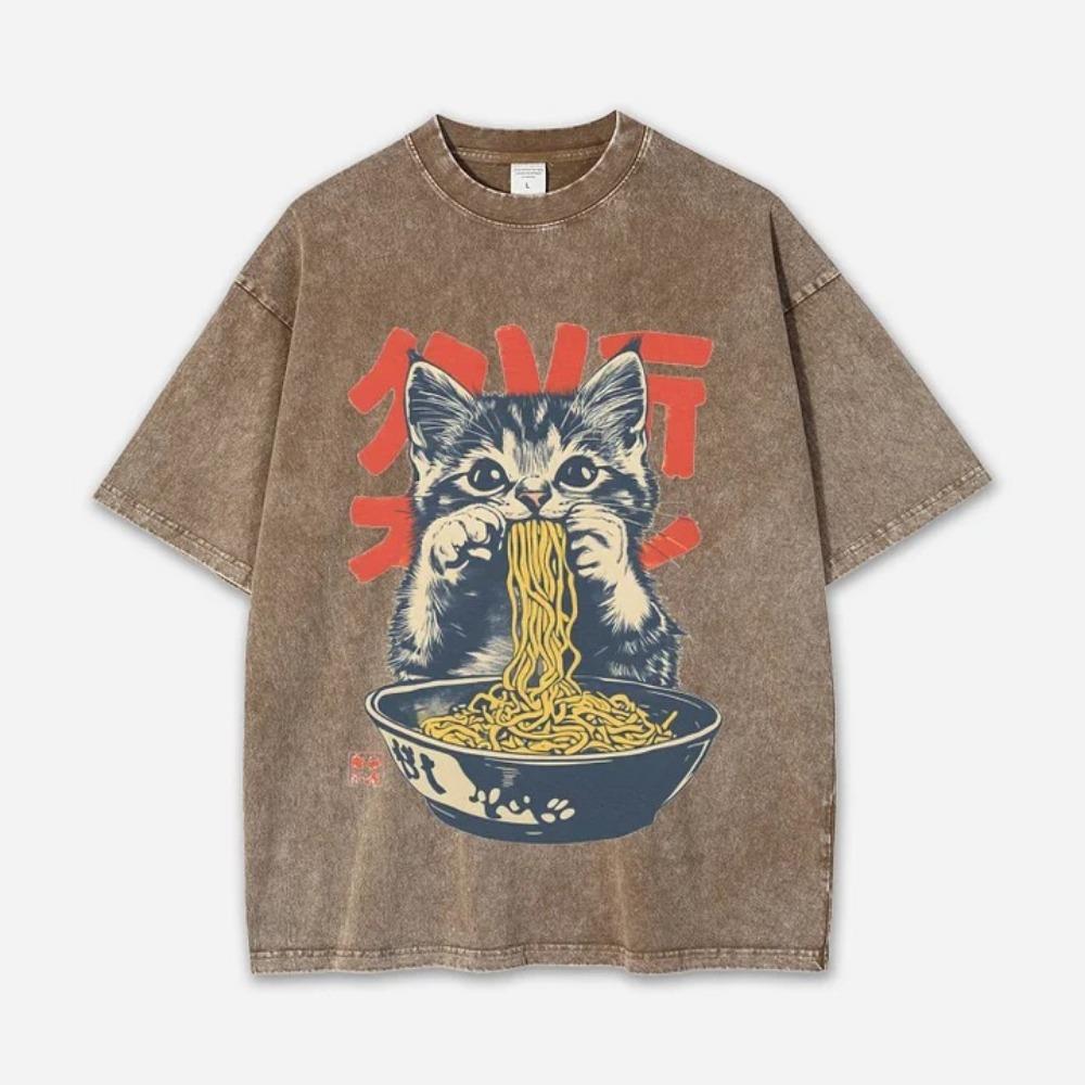 Vintage Art Acid Washed T-shirt Japanese Cat Fashion Short Sleeve Round Neck Chic Tees Summer Heavy Weight Tunics