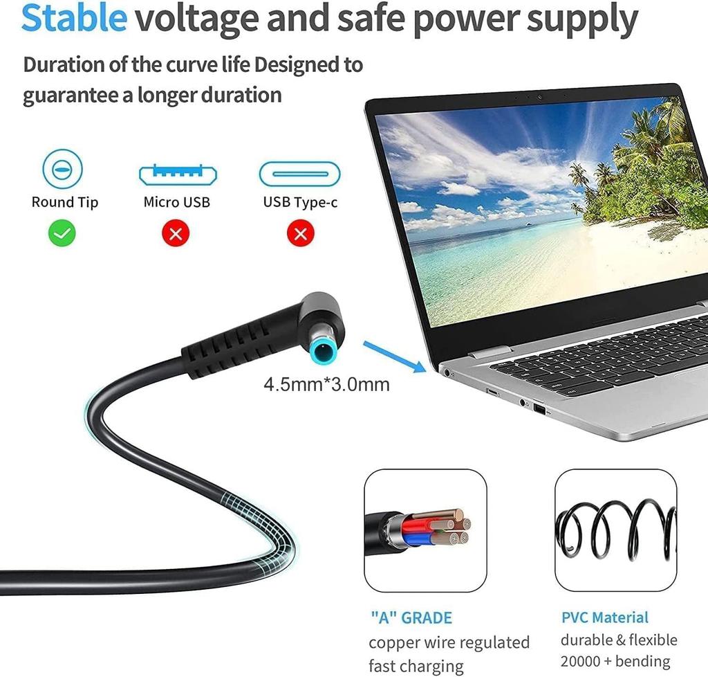 65W Charger for HP Laptops: Elitebook 840, 850, G8, Pavilion x360, 11, 13, 14, 15, 17 (19.5V 3.33A)