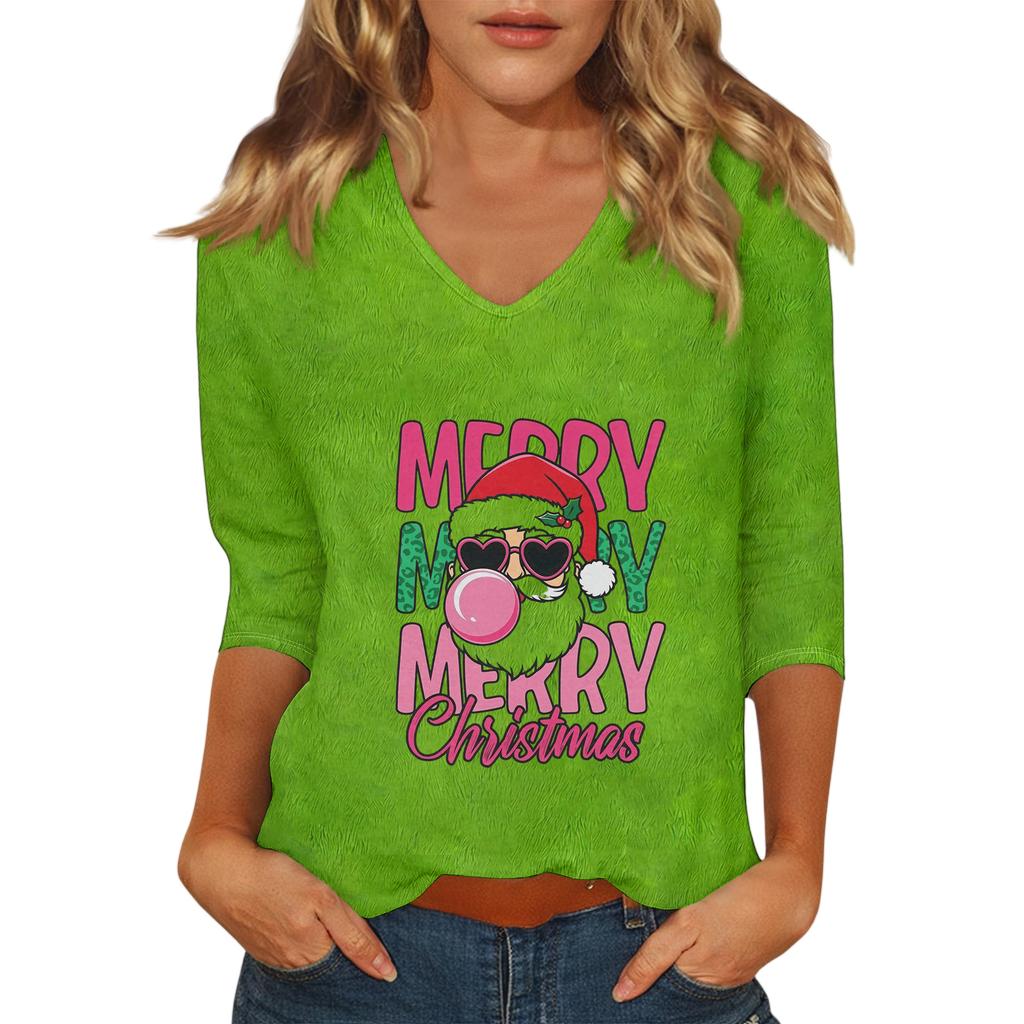 Women's Casual Fashionable Sexy Comfortable V-Neck Christmas Three-Quarter Sleeve Top