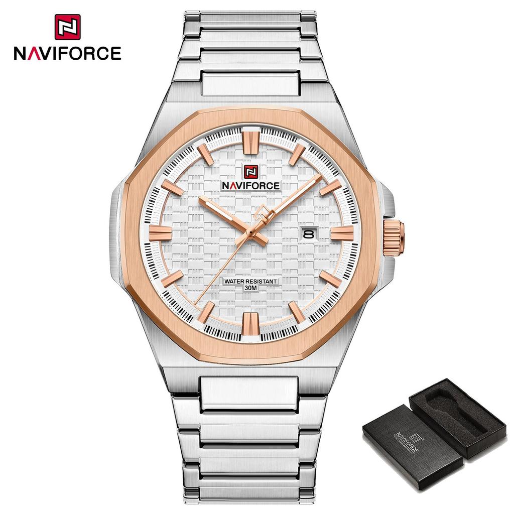 NAVIFORCE Simple Watch for Men Stainless Steel Strap Calendar Movement Luminous Pointer Waterproof 3ATM Casual Fashion Men's Watch NF9245