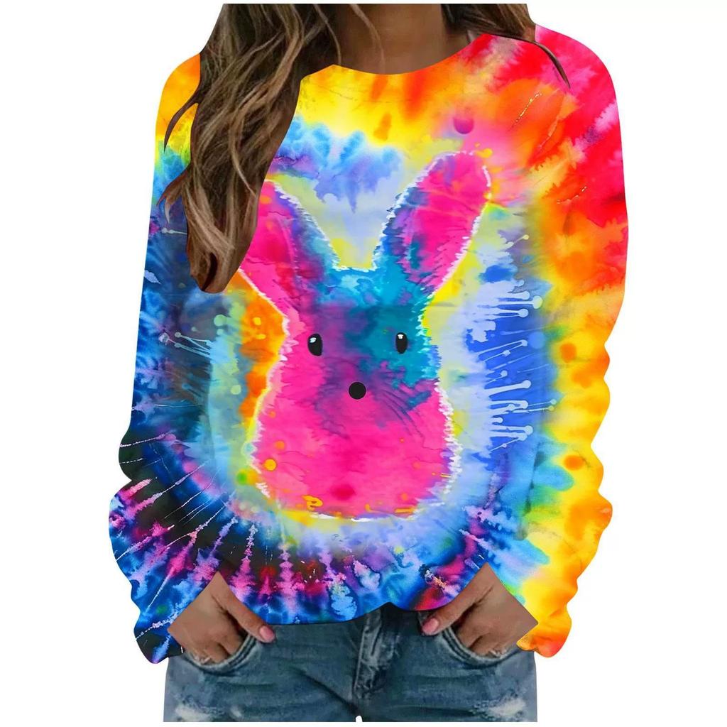 Round Neck 3D Tie Dye Rabbit Printed Top Fashionable Casual Long Sleeved Women's T-shirts