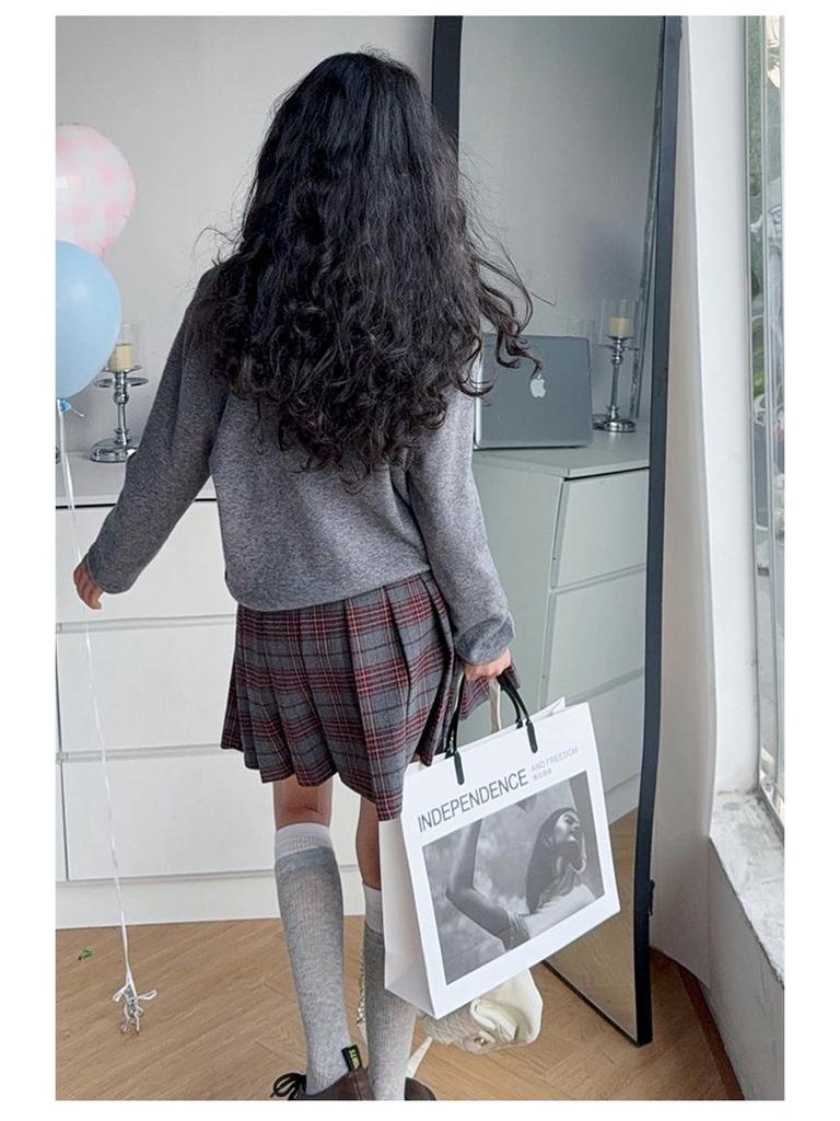 Girls' 2025 Preppy-Style Knitted Cardigan, Shirt & Pleated Skirt Set for Spring/Autumn