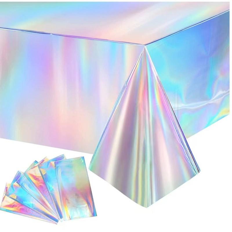 Hot Pink Iridescence Plastic Tablecloth Shiny Foil Metallic Laser Rainbow Rectangle Table Cover for Birthday Wedding Party Decor 5
