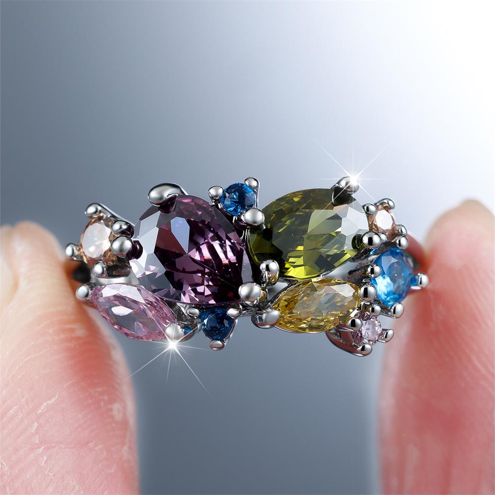 Geometric CZ Stone Multicolor Zircon Rings For Women Vintage Silver Color Engagement Ring Wedding Jewelry Bridal Versatile Gifts