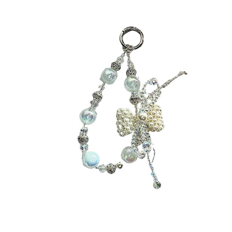 Cute Pearl Lucky Bow Phone Strap Rhinestone Handheld Chain Exquisite Pendant