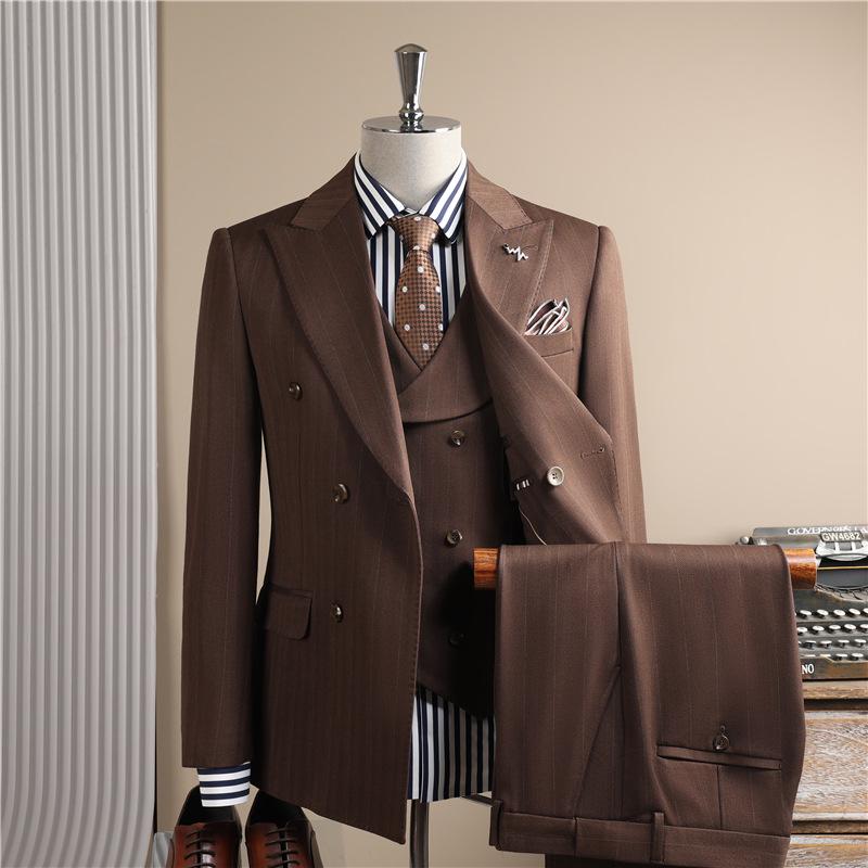 Men's High-End Pinstripe Wool Double-Breasted Three-Piece Suit: Anti-Wrinkle, Formal Groomwear