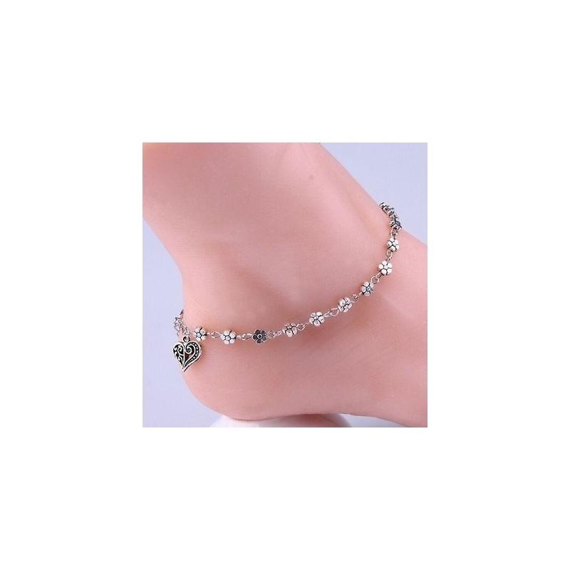 Elegant Women Bead Chain Anklet With Heart And Flower Design For Beach Fashion Jewelry