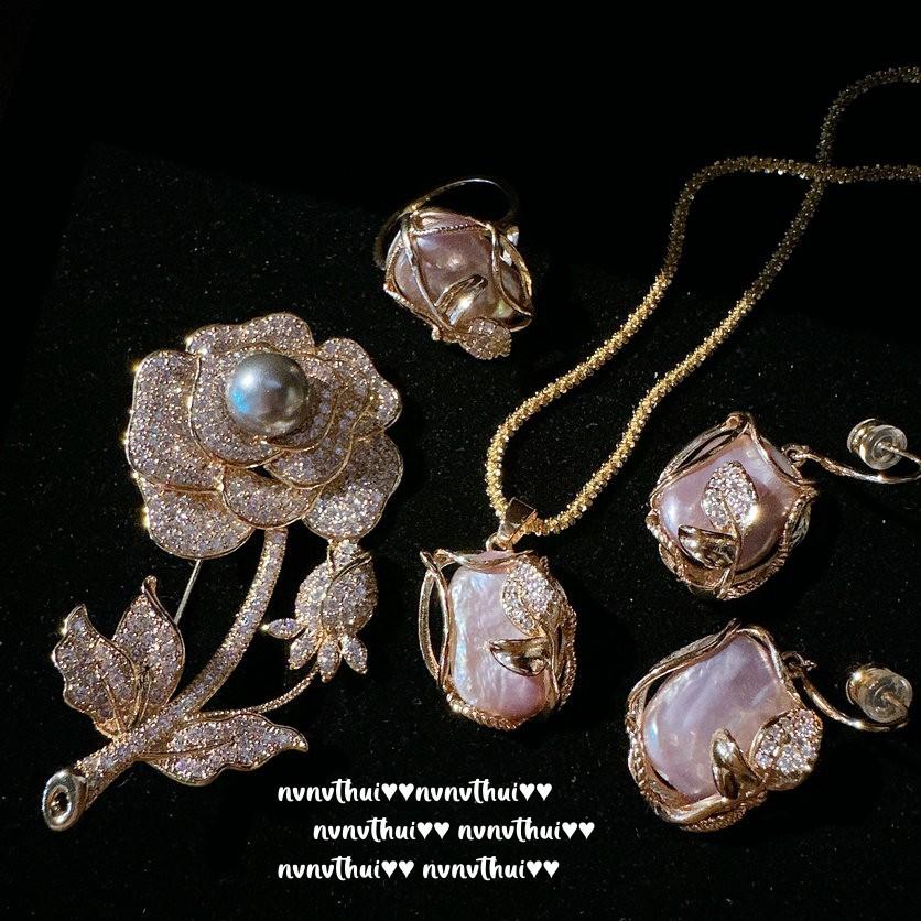 Monet'S Garden, Rose Jewels, Brooch, Tahiti, Baroque Pearls, Vine Zircon Necklace, Earrings