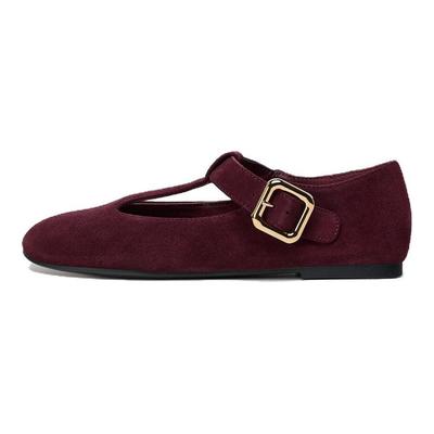 Fashion Suede Buckle Decor Round Toe Casual Flats Women Flats Crimson 13504510-38