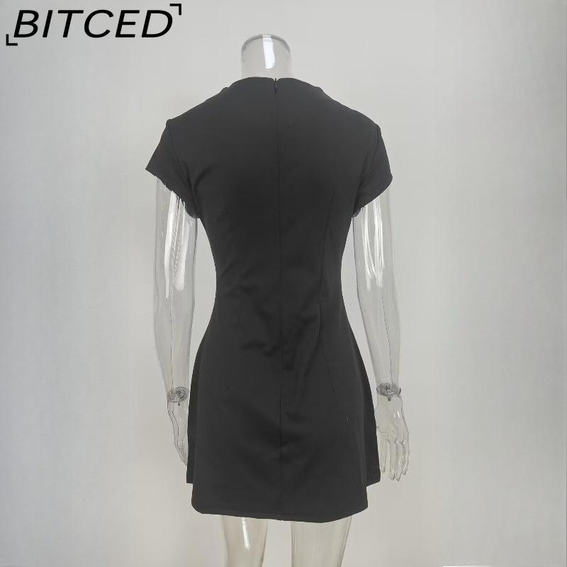 BITCED Spring Collection Solid-Colour O-Neck Short-Length Waist-Defining Pocketed Elegant Dress