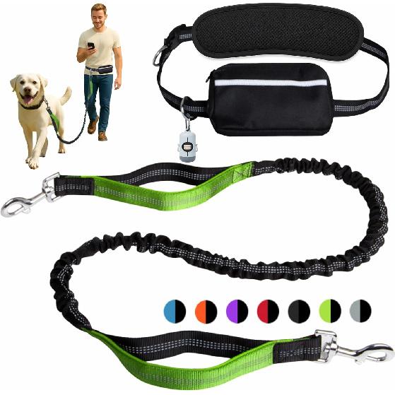 Hands-Free Dog Leash for Dogs up to 130 lbs – Heavy-Duty, Shock-Absorbing Bungee Leash with Zipper Pouch, Dual Padded Handles & Adjustable Waist