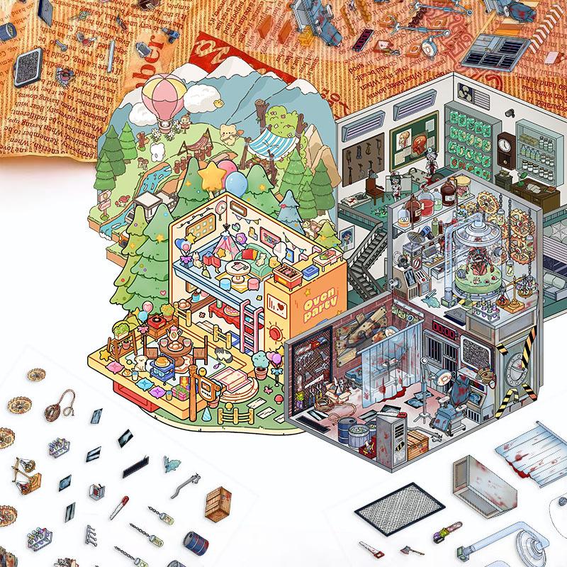 Kreskówkowy Naklejka Krajobraz Piła Łańcuchowa Szaleństwo Laboratorium Miniaturowy Świat 3D Trójwymiarowa Chata Dekompresja DIY Scena Manual