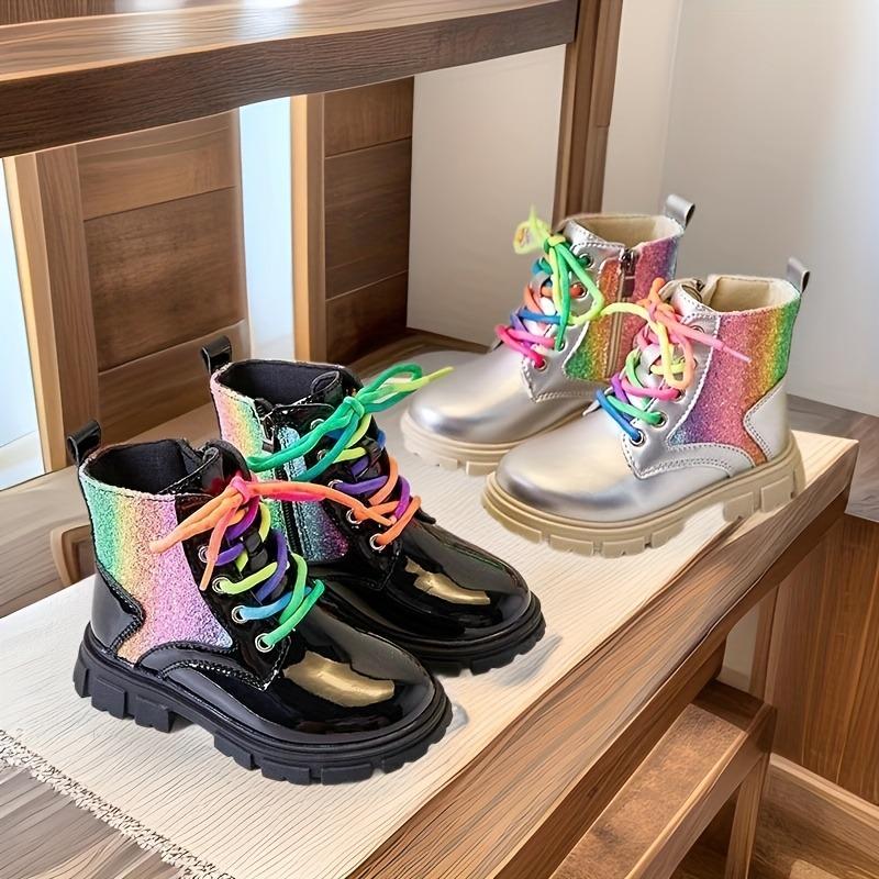 Trendy Girls Rainbow Zip Ankle Boots Sparkly Non Slip Rubber Sole Lace Up Colorful Shoelaces Fall Winter Princess Style