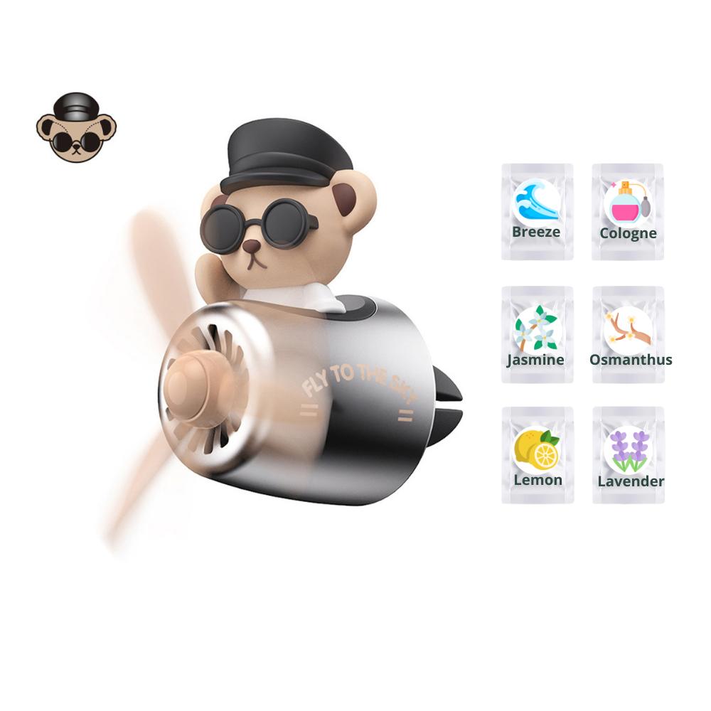 KUKII Pilot Bear Car Air Freshener - Rotating Propeller Vent Diffuser with Essential Oil Tablets, Aviation Design, With 6 Fragrance refill