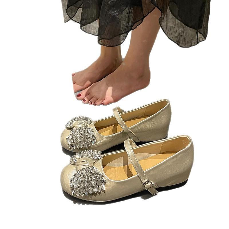 Inner Height Increase Flat Silver Rhinestone Light Mouth Single Shoes Women's New Summer Skirt Mary Jane Small Leather Shoes