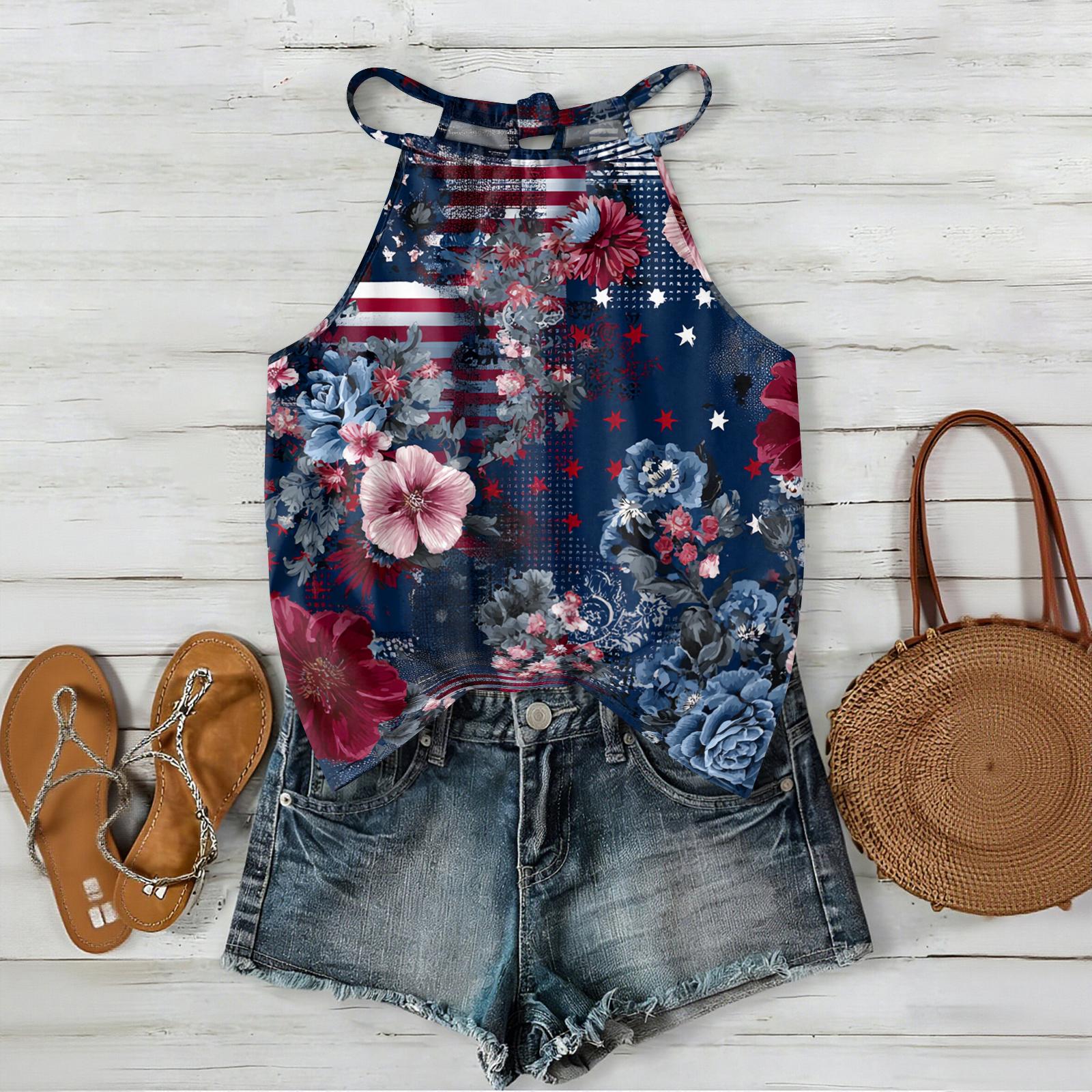 

Women’s Bohemian Floral Print Sleeveless Tank Top Casual Loose Fit Summer Neck Blouse for Outdoor Activities XL тёмно-синий