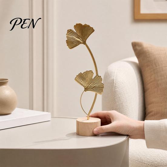 Modern Minimalist Leaf Statue Metal Ornaments, Gold Palm Leaf, Ginkgo Feather with Wood Tabletop Art Piece Base, Desktop Sculpture for Living