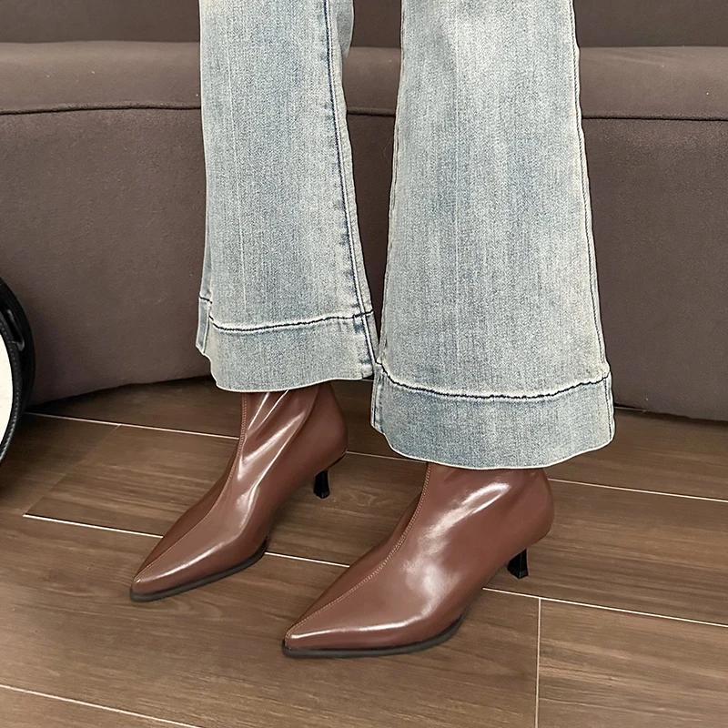 Ankle Thin Heels Modern Boots Winter Round Toe Shoes Female 2024 High Quality Mid Heel Solid Sewing Concise Women's Boots