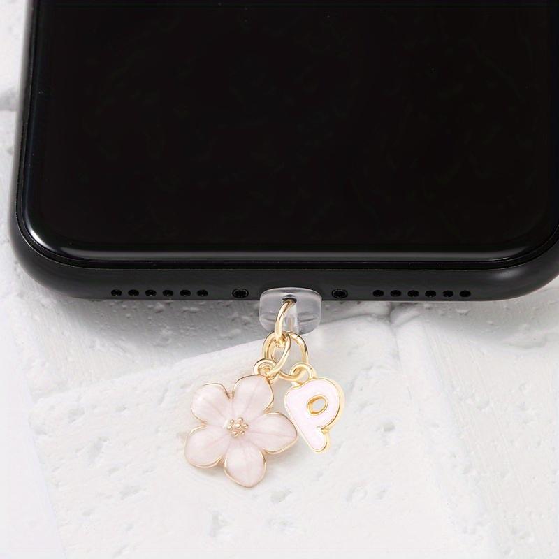 Fashionable Pink Flower Letter Phone Dust Plug, Exquisite A-Z Letter Alloy Pendant, Suitable As a Birthday Gift for Women
