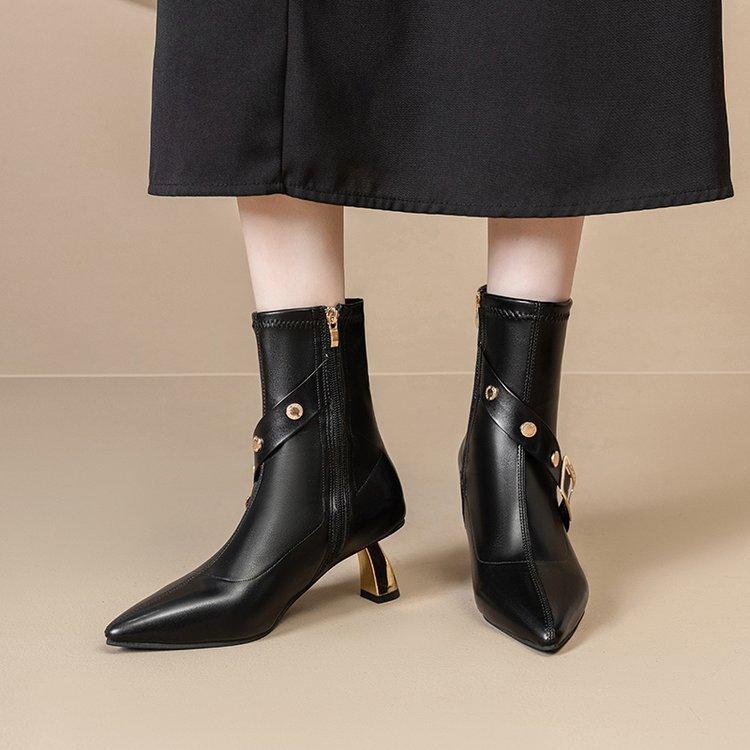 Pointed Martin boots thin heel high heel leather boots women's autumn and winter new belt buckle elastic short boots