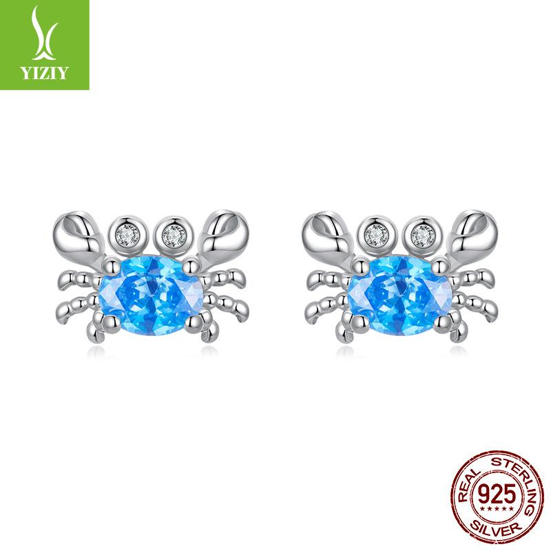Blue Zircon Crab Stud Earrings, Childlike And Cute Creative S925 Sterling Silver Stud Earrings.