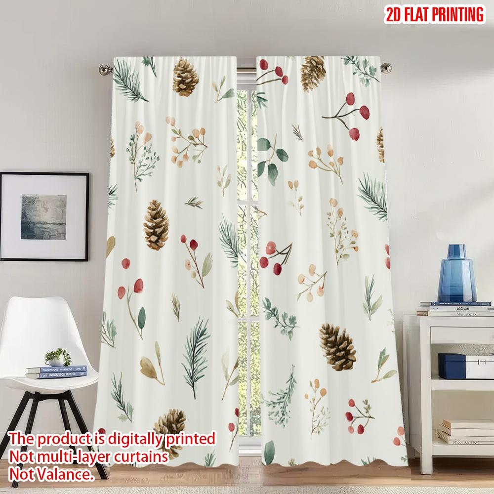 

2pcs 2D flat printing Christmas Hot Party Curtains Christmas Pine Cone Mistletoe Berries Digital Printed Polyester Drapes Family 100*130 Grommet Top 1pcs