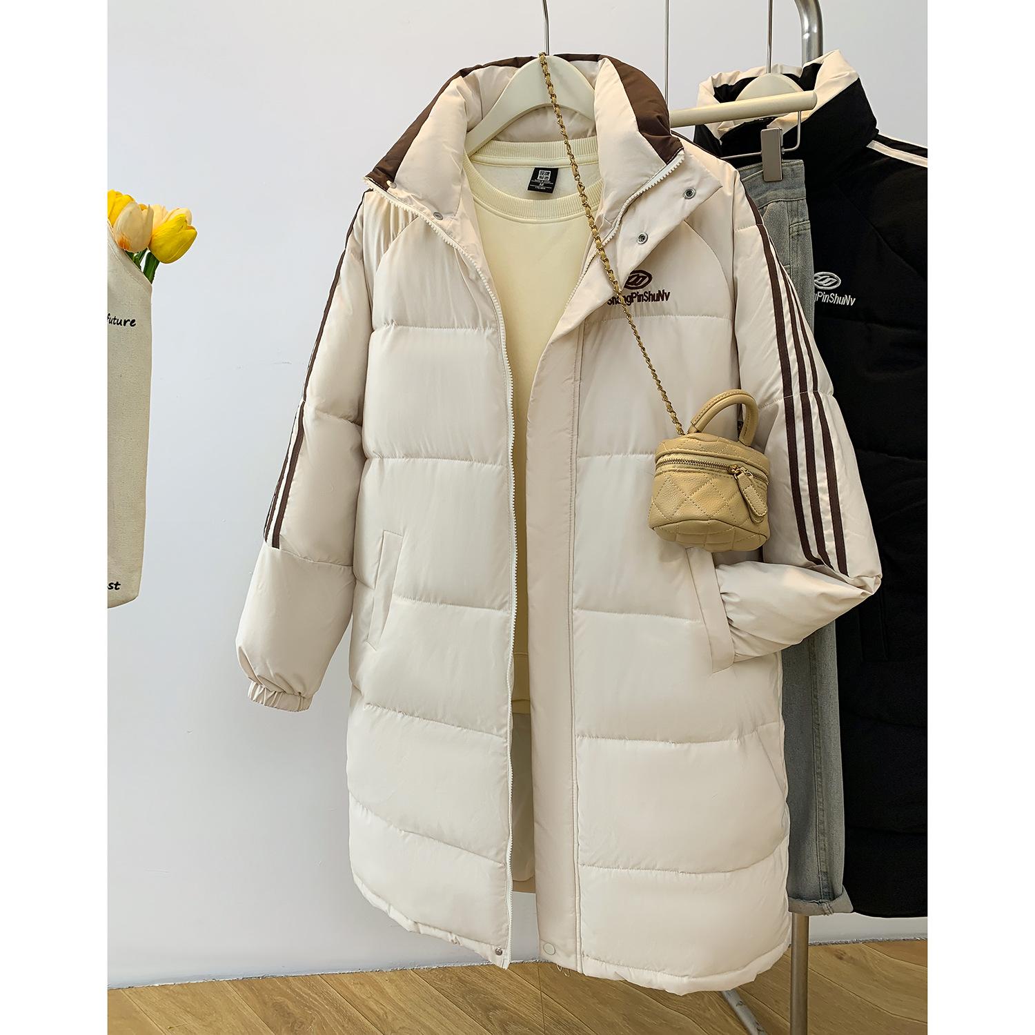 

2025 Новая американская контрастная трехполосная вышивка буквами длинная хлопковая одежда для мужчин и женщин свободная повседневная хлебная одежда XXL бежевый