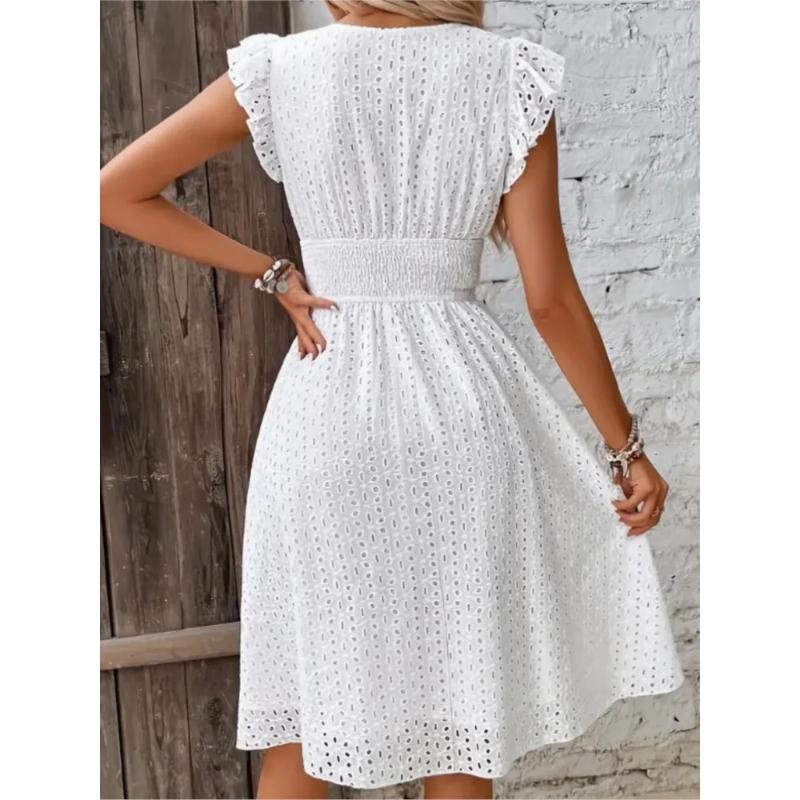 Fashion White Hollow Lace Midi Dresses Women Summer V Neck Ruffle Sleeve Dress Elegant Office Lady Casual Beach Holiday Sundres