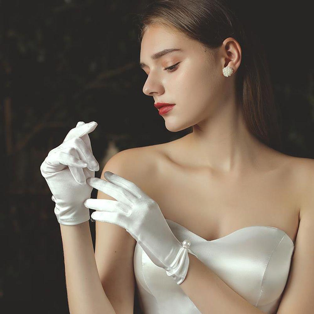 Five Finger For Girls Bridal Full Finger Gloves Women Wedding Gloves Korean Driving Mittens Pearl