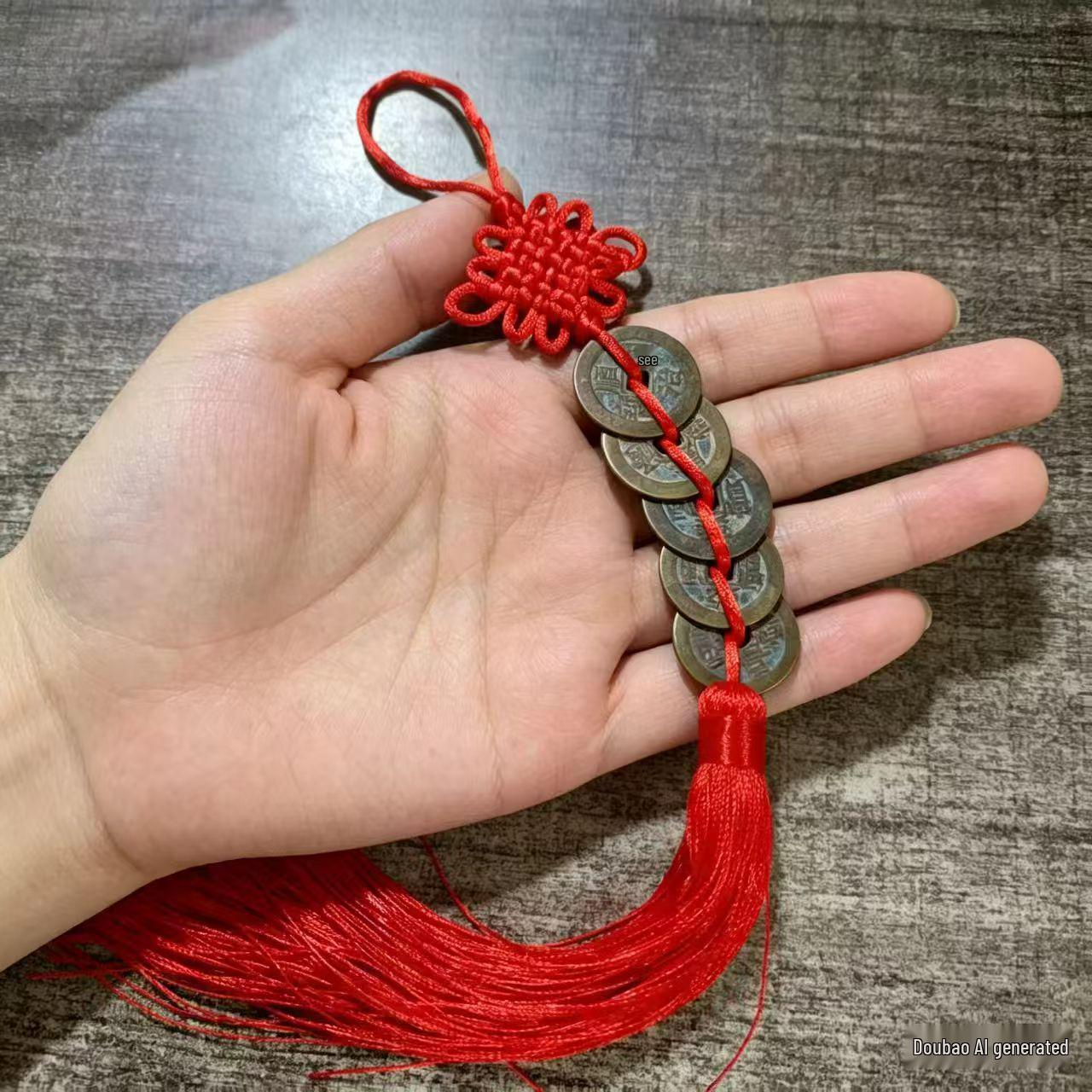 Antique Five Emperors Coins Pendant with Chinese Knot and Copper Gourd for Door Decoration.