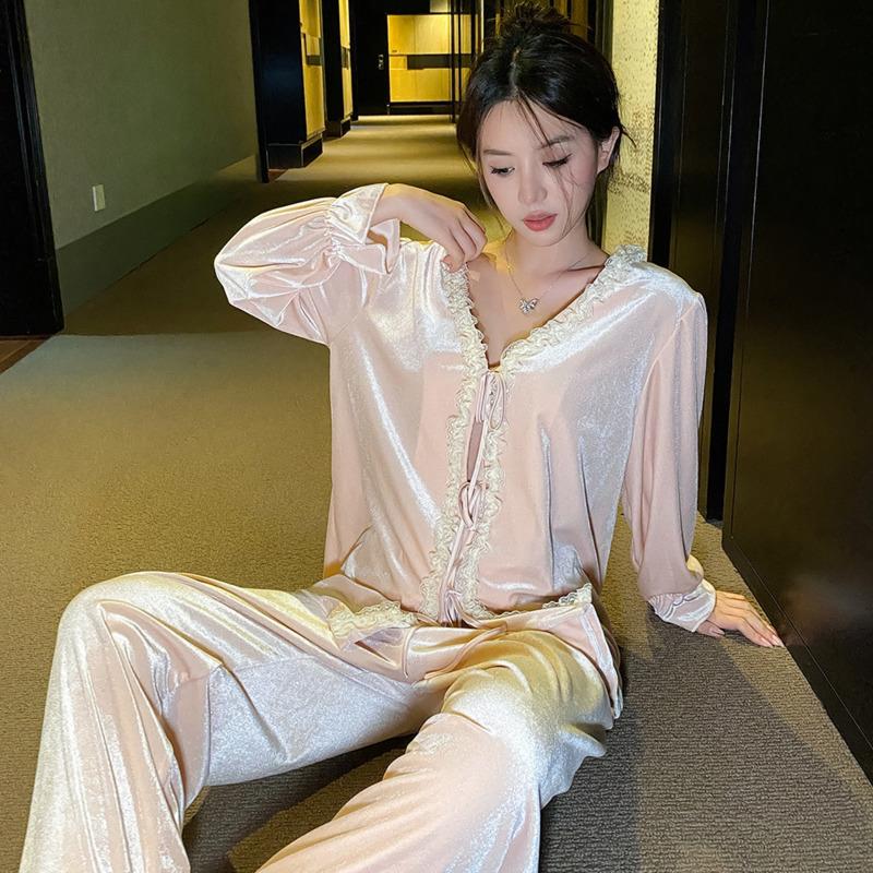 Autumn and Winter New Lace-up Gold Velvet Lace Pajamas for Women Solid Color V-neck Home Clothes Wearable Pajamas Set