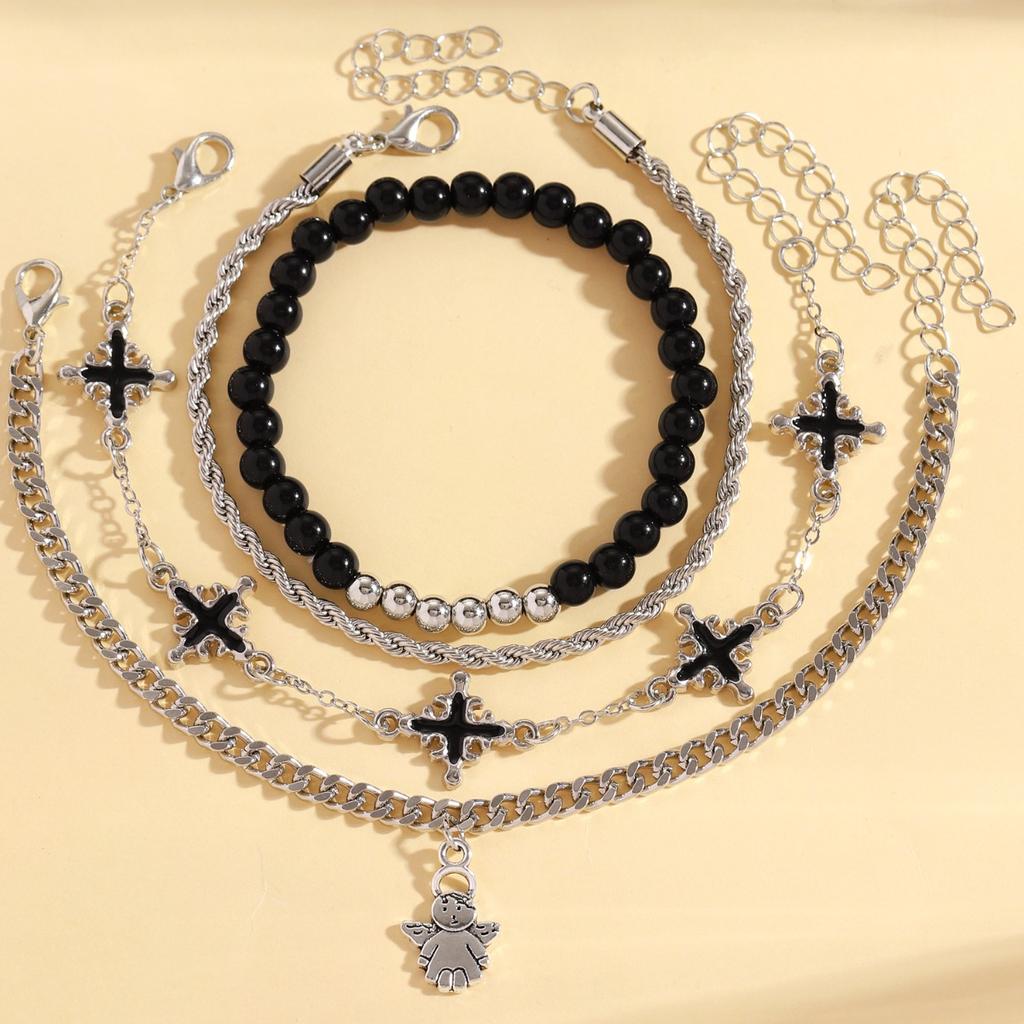 Gothic Cross and Angel Charm Layered Bracelet Set Stackable Black and Silver Jewelry